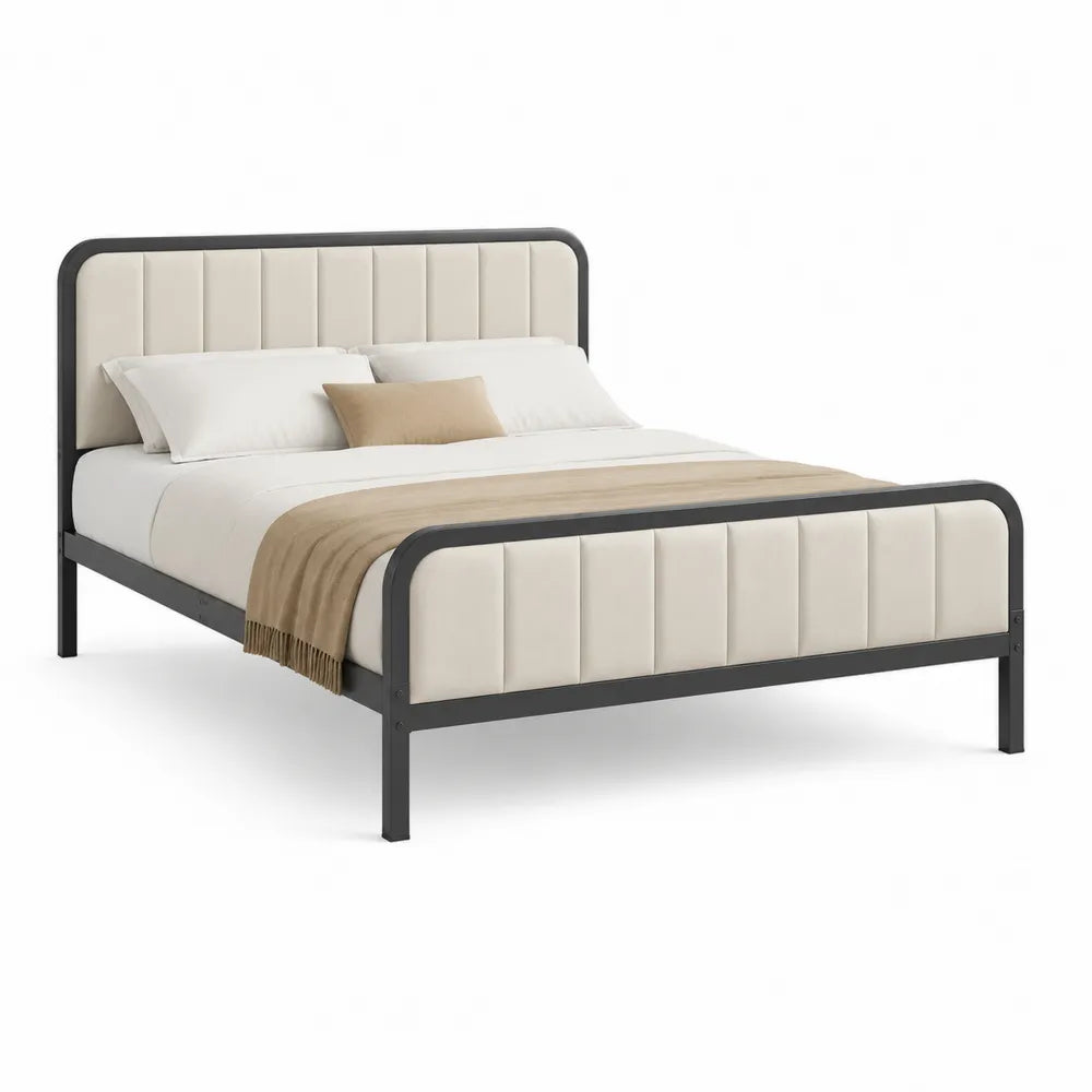 Cadre de lit 140 x 190 cm en acier thermolaqué noir tête et pied rembourrés en tissu polyester beige forme rectangulaire