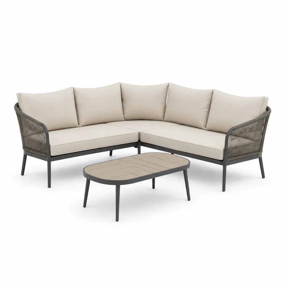 Salon de jardin canapé d’angle avec table basse aluminium corde polyester coussins beige structure anthracite