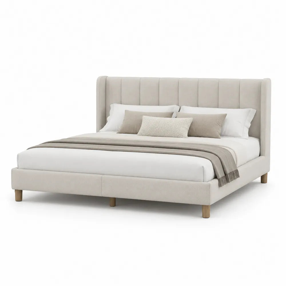 Lit cadre de lit 160 x 200 cm tissu polyester beige tête de lit capitonnée verticale structure panneaux de particules pieds bois massif
