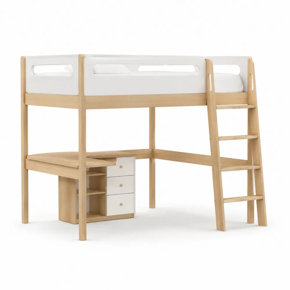 Lit mezzanine 90 x 200 cm avec bureau intégré escalier rangement bois blanc et naturel structure bois et MDF