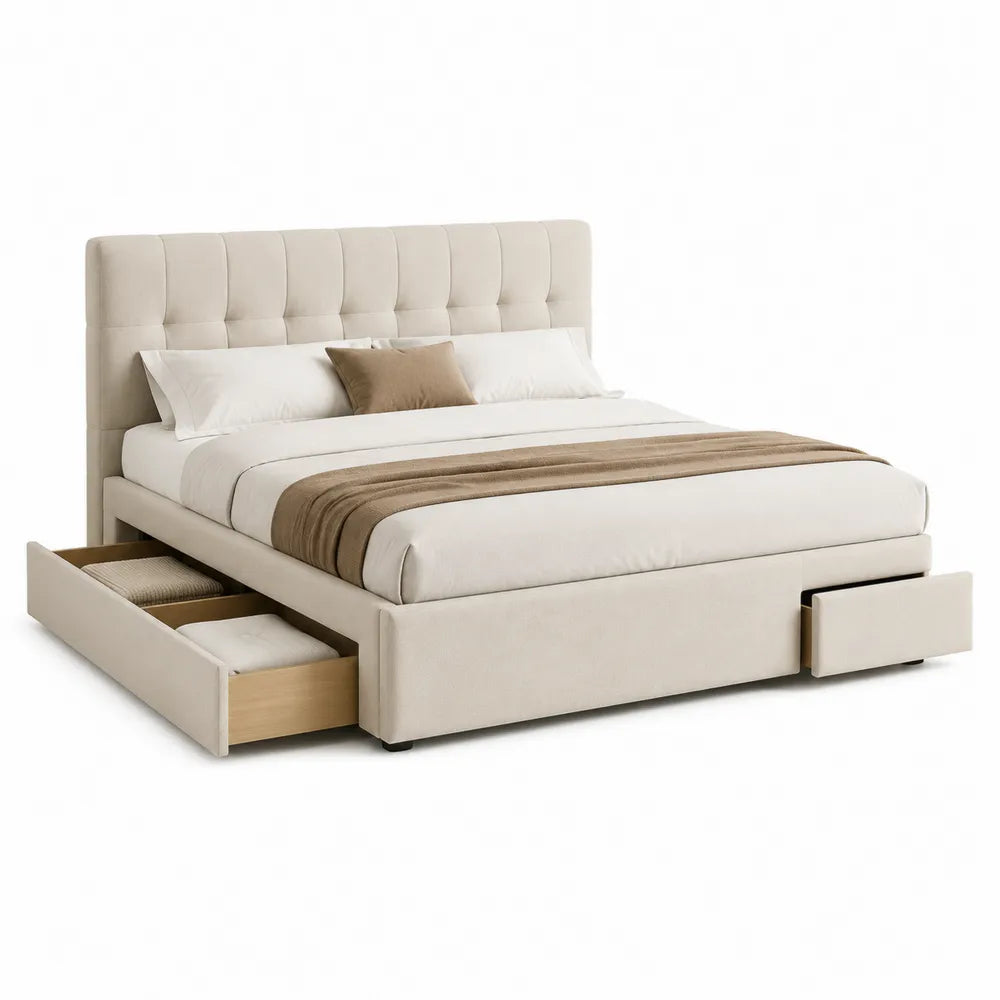Lit coffre relevable 160 cm 200 cm tête de lit capitonnée tissu beige avec rangements latéraux et structure MDF acier