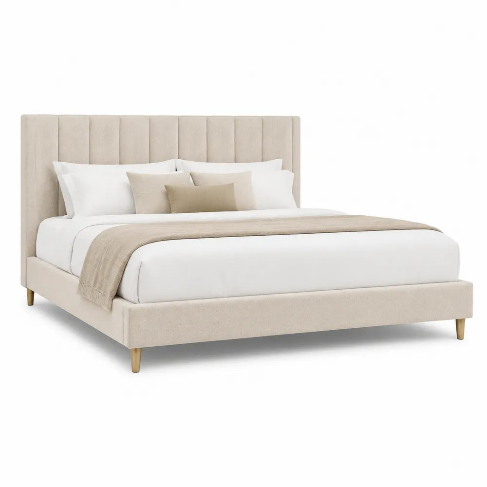 Lit rembourré 160 x 200 cm tissu polyester beige tête de lit capitonnée verticale cadre en bois pieds coniques