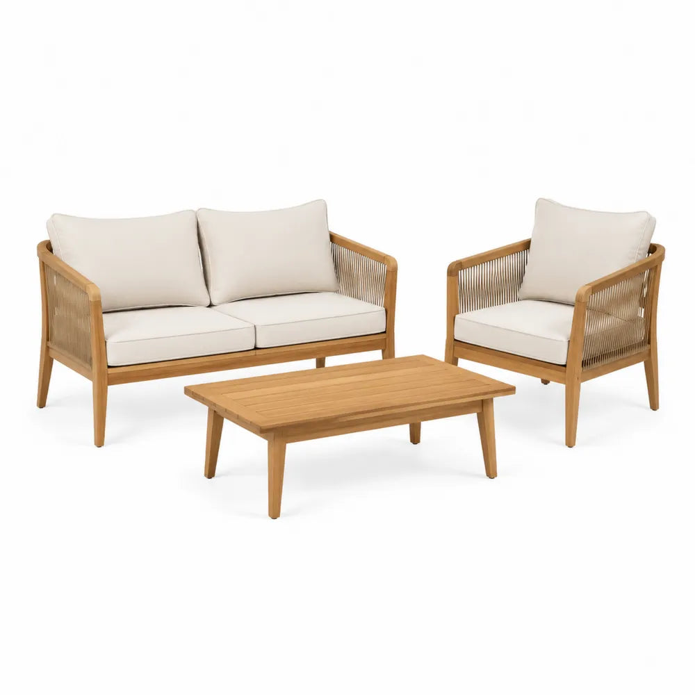 Salon de jardin ensemble canapé 2 places fauteuil et table basse bois d’acacia corde tressée coussins beige structure bois naturel