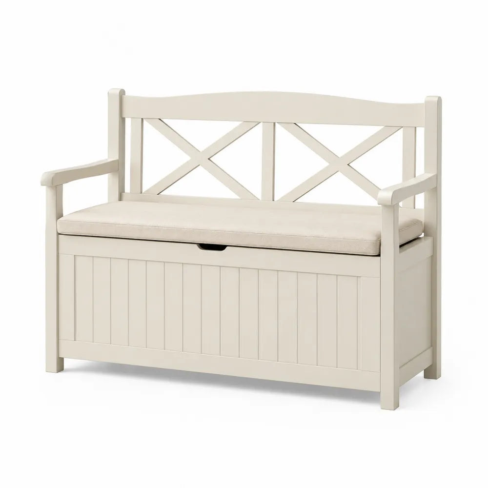 Banc coffre bout de lit 120 cm largeur 45 cm profondeur 85 cm hauteur bois naturel beige assise rembourrée dossier croisé rangement intégré