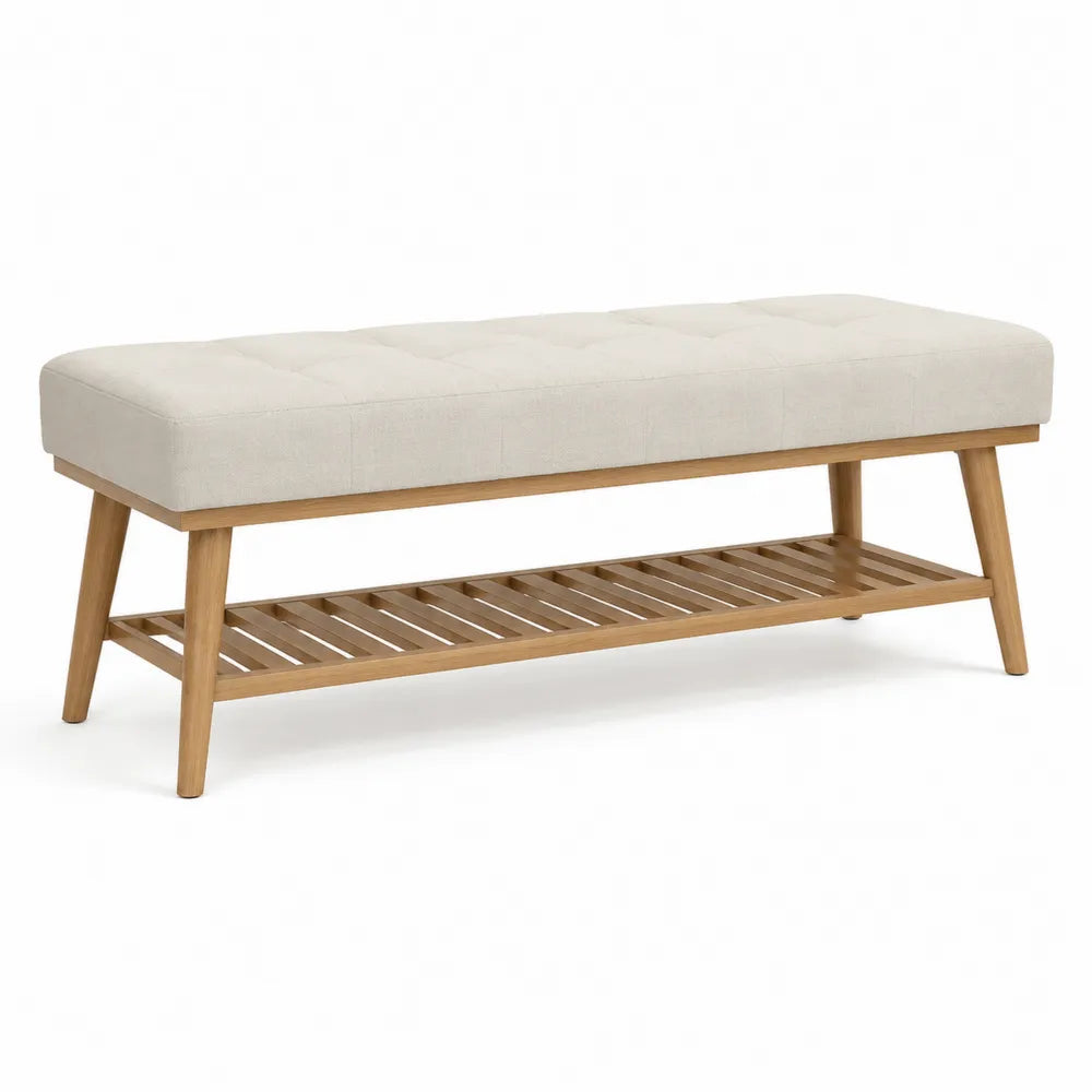 banc de bout de lit 120 x 40 x 45 cm assise capitonnée polyester beige structure bois massif hévéa étagère à lattes forme rectangulaire
