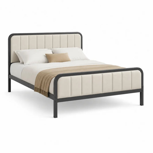 Cadre de lit 140 x 190 cm en acier thermolaqué noir tête et pied rembourrés en tissu polyester beige forme rectangulaire