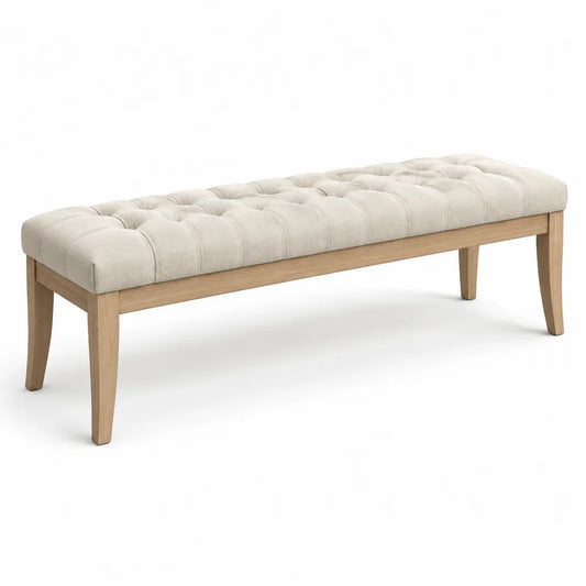 banc de bout de lit 120 x 40 x 45 cm tissu polyester beige bois massif chêne pieds bois forme rectangulaire capitonné