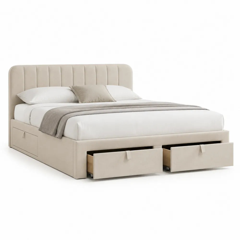 Lit coffre avec tiroirs 160 x 200 cm tissu polyester beige tête de lit capitonnée structure MDF et cadre acier rangements intégrés