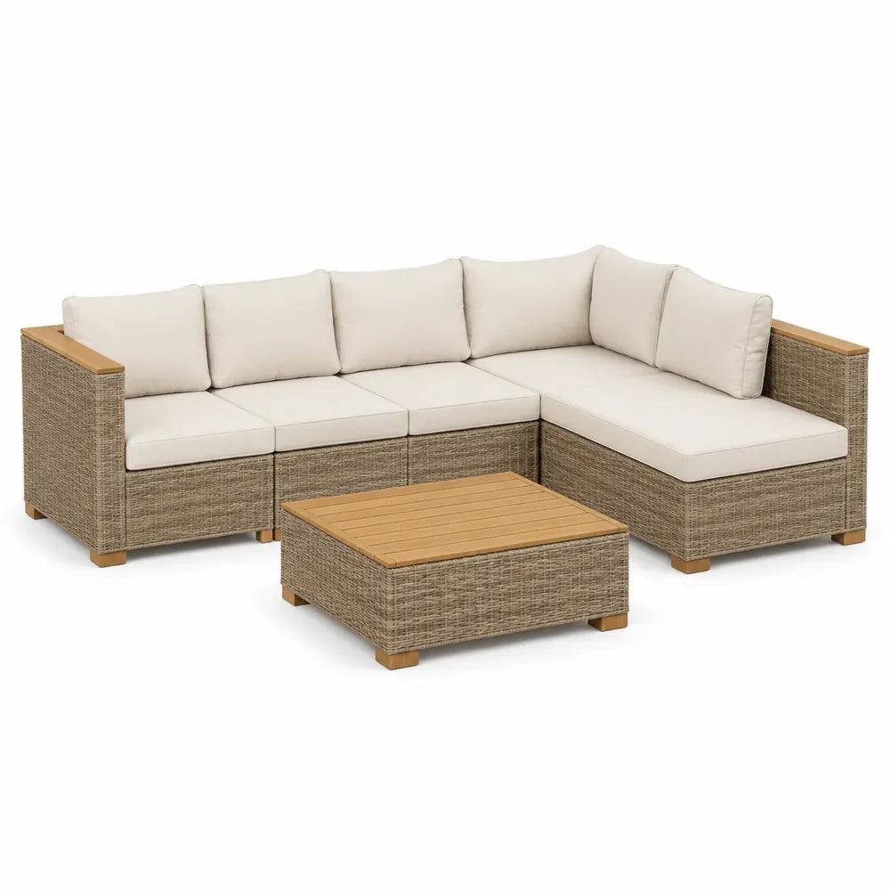 Salon de jardin en résine tressée canapé d’angle 6 places avec table basse plateau bois naturel structure aluminium et coussins beige