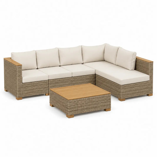 Salon de jardin en résine tressée canapé d’angle 6 places avec table basse plateau bois naturel structure aluminium et coussins beige