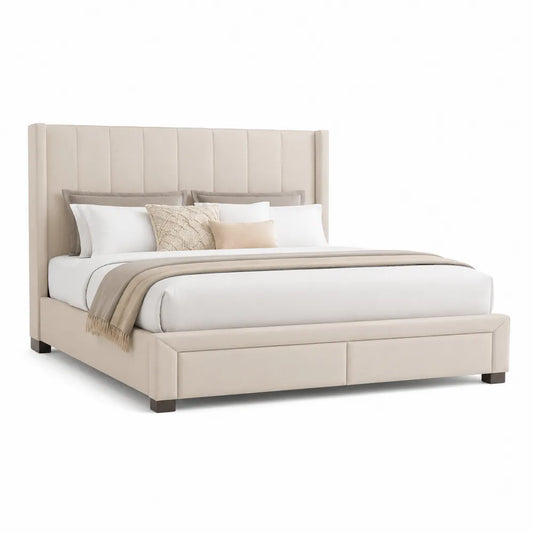 Lit coffre 160 x 200 cm tissu polyester beige avec tête de lit à panneaux verticaux 2 tiroirs intégrés structure MDF et bois pieds en bois massif