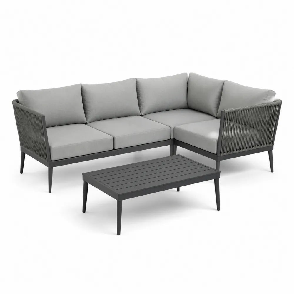 Salon de jardin d’angle 5 places en corde tressée gris avec table basse structure aluminium