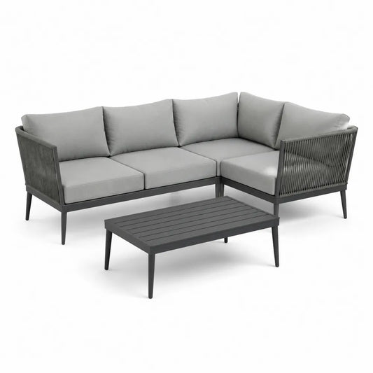Salon de jardin d’angle 5 places en corde tressée gris avec table basse structure aluminium