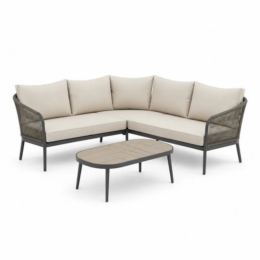 Salon de jardin canapé d’angle avec table basse aluminium corde polyester coussins beige structure anthracite