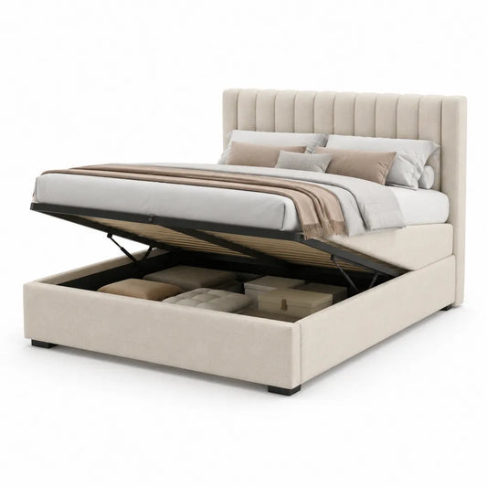 Lit coffre double avec sommier relevable et tête de lit capitonnée polyester beige structure métal noir forme rectangulaire