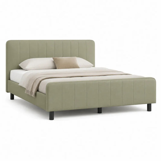 Lit cadre 160 x 200 cm tête de lit rembourrée panneaux verticaux tissu polyester vert sauge structure MDF et panneaux de particules pieds acier noir forme rectangulaire