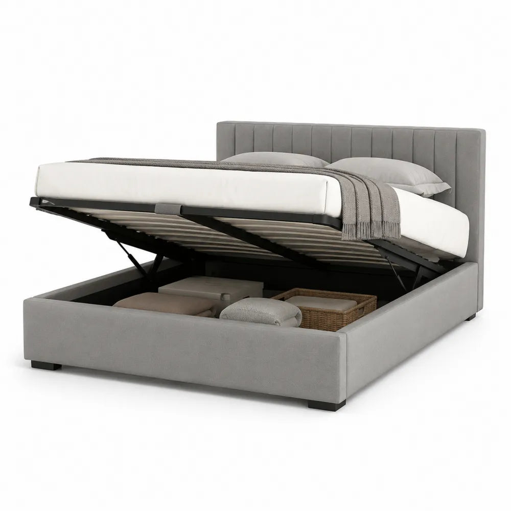 Lit coffre relevable 160 cm 200 cm tête de lit rembourrée tissu gris structure MDF et acier avec sommier à lattes
