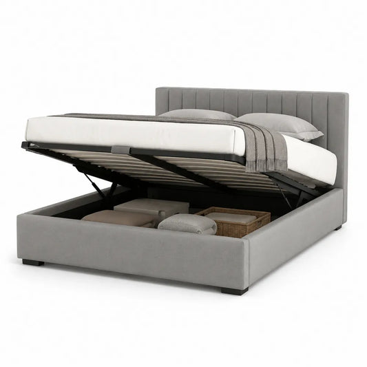 Lit coffre relevable 160 cm 200 cm tête de lit rembourrée tissu gris structure MDF et acier avec sommier à lattes