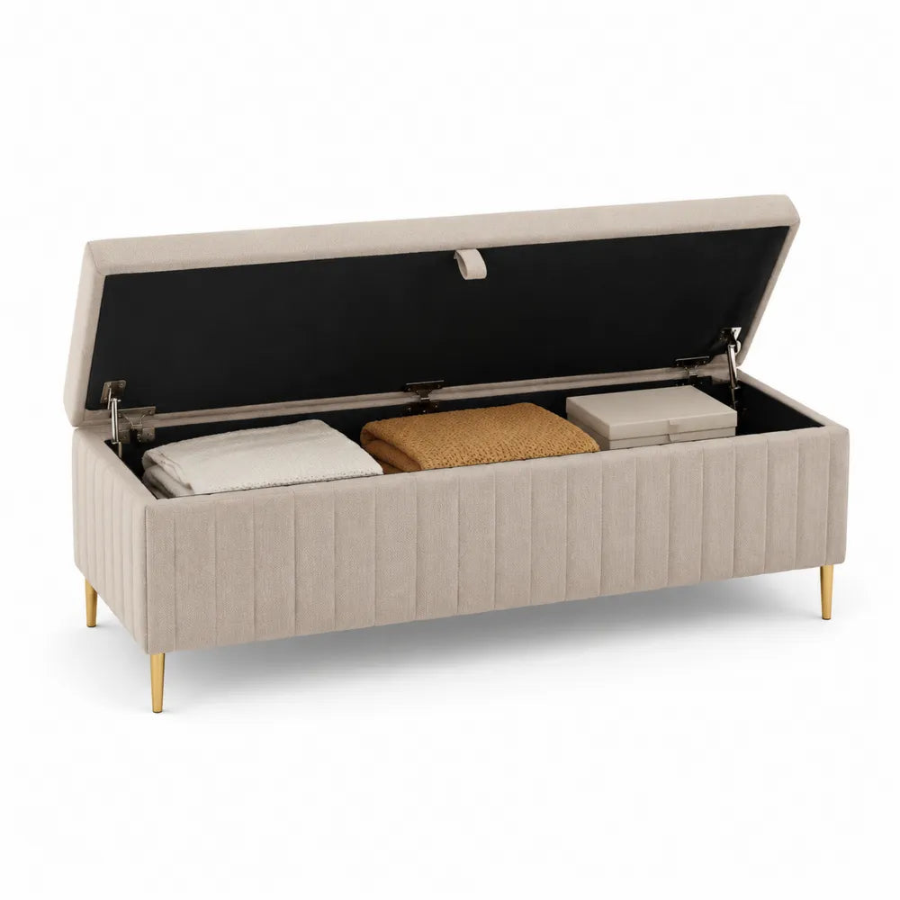 Banc coffre 120 x 45 x 45 cm assise rembourrée tissu polyester beige structure MDF pieds métal finition dorée forme rectangulaire