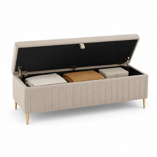 Banc coffre 120 x 45 x 45 cm assise rembourrée tissu polyester beige structure MDF pieds métal finition dorée forme rectangulaire