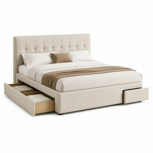 Lit coffre relevable 160 cm 200 cm tête de lit capitonnée tissu beige avec rangements latéraux et structure MDF acier