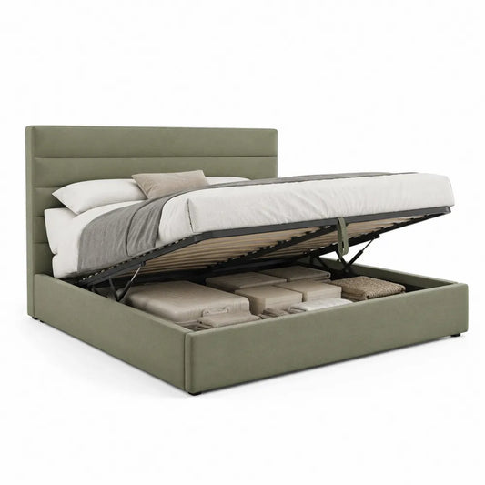 Lit coffre relevable 160 x 200 cm tissu polyester vert structure MDF et acier sommier à lattes avec rangement intégré