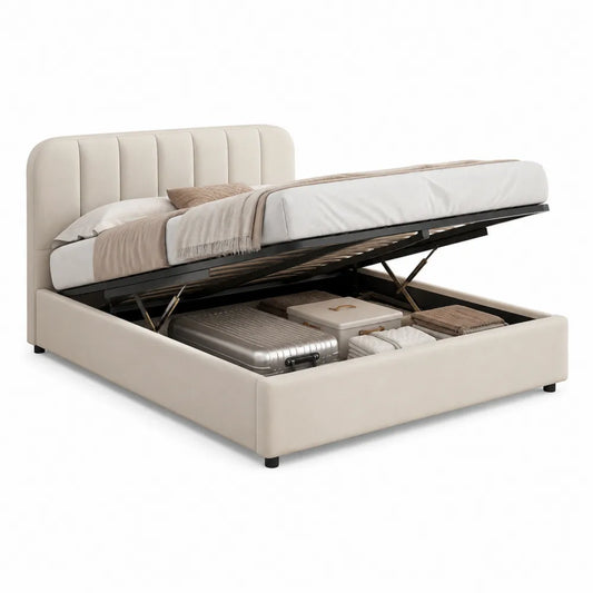 Lit coffre relevable 160 x 200 cm tissu polyester beige structure MDF et acier sommier à lattes tête de lit capitonnée