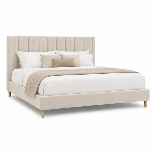 Lit rembourré 160 x 200 cm tissu polyester beige tête de lit capitonnée verticale cadre en bois pieds coniques