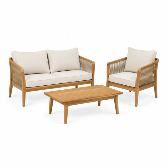 Salon de jardin ensemble canapé 2 places fauteuil et table basse bois d’acacia corde tressée coussins beige structure bois naturel