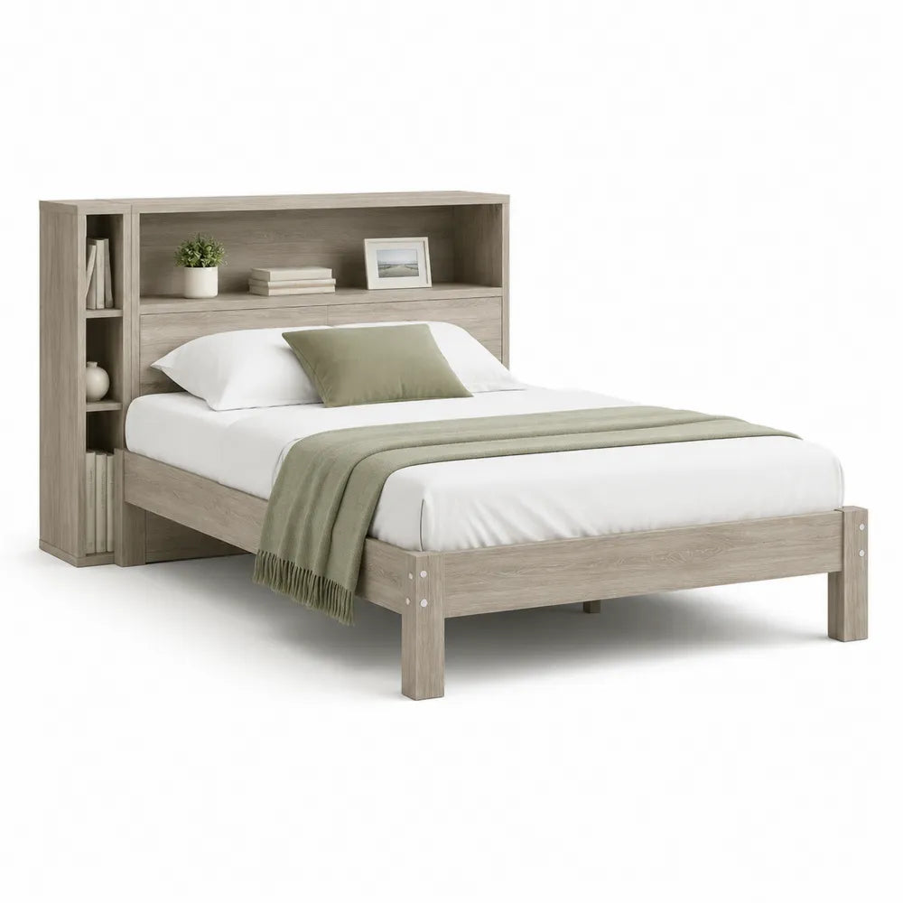 Lit avec tête de lit bibliothèque 160 x 200 cm panneaux de particules MDF décor chêne gris structure bois cadre rectangulaire