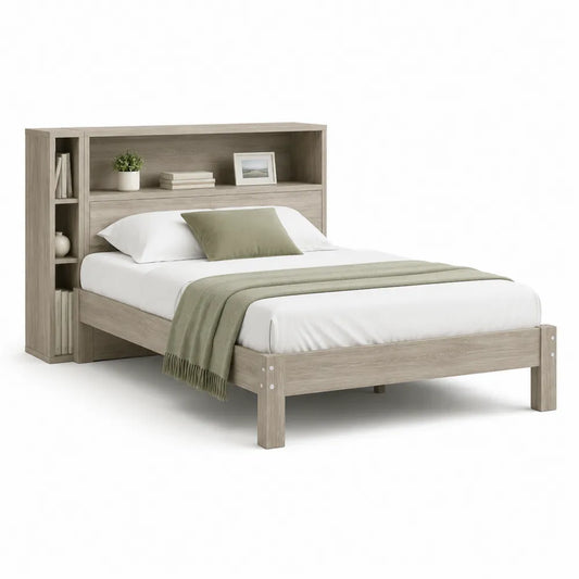 Lit avec tête de lit bibliothèque 160 x 200 cm panneaux de particules MDF décor chêne gris structure bois cadre rectangulaire