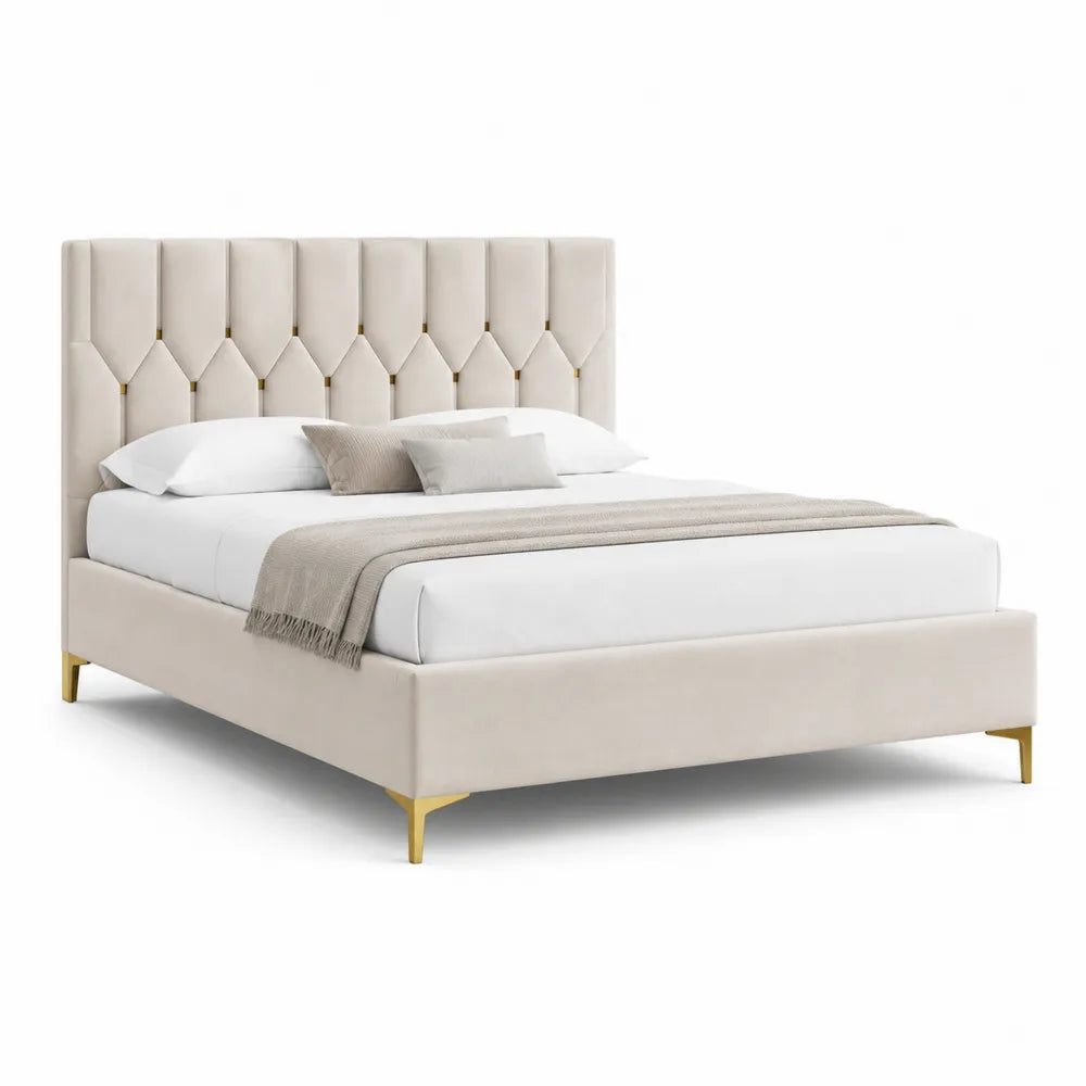 Lit cadre 160 x 200 cm tête de lit capitonnée motif losange tissu polyester beige pieds métal finition dorée structure MDF forme rectangulaire