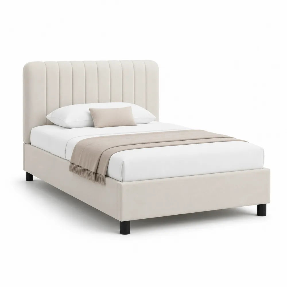 Lit rembourré 160 x 200 cm tissu polyester beige tête de lit capitonnée verticale cadre bois MDF pieds cylindriques noirs