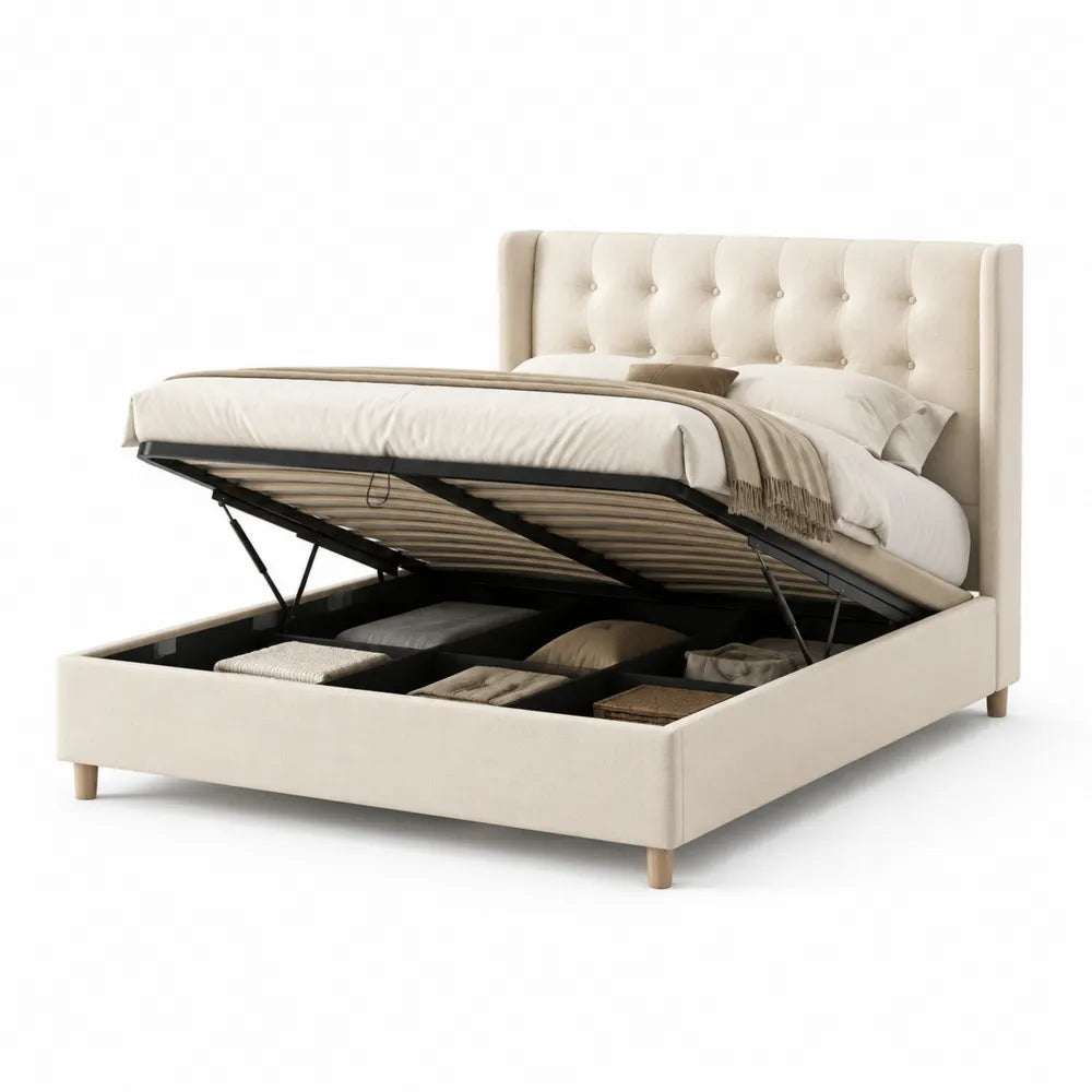 Lit coffre relevable 160 x 200 cm tissu polyester beige tête capitonnée structure MDF bois 215 x 170 x 112 cm