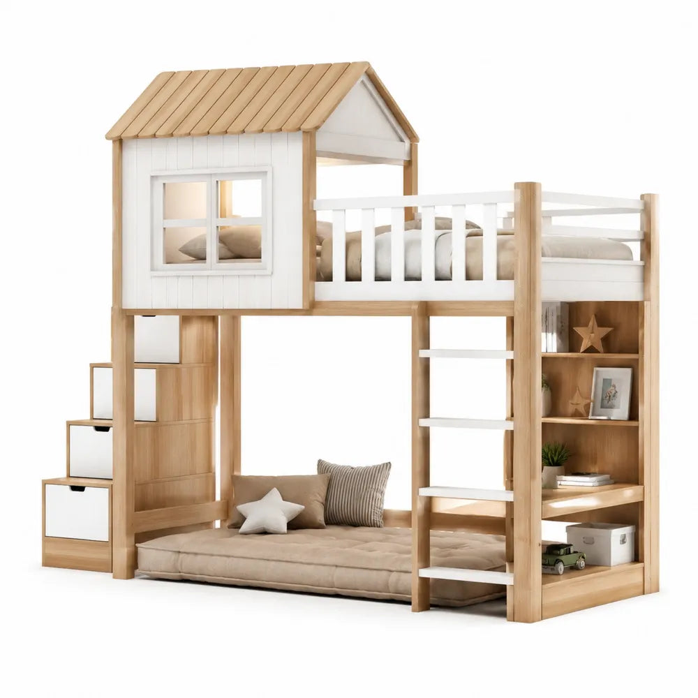lit mezzanine enfant 90 x 200 cm en pin massif MDF bois clair blanc cabane maison escalier tiroirs echelle etageres forme rectangulaire