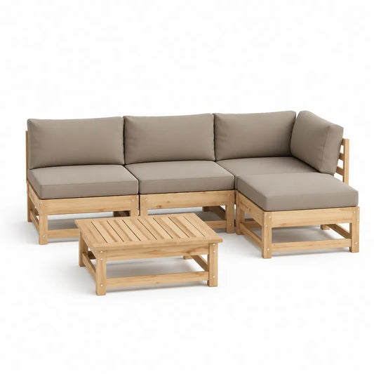 Salon de jardin canapé d’angle modulable 4 places bois d’acacia coussins polyester beige table basse bois à lattes