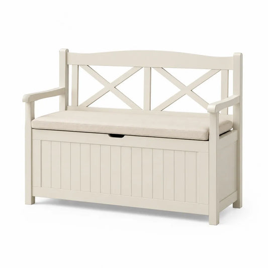 Banc coffre bout de lit 120 cm largeur 45 cm profondeur 85 cm hauteur bois naturel beige assise rembourrée dossier croisé rangement intégré