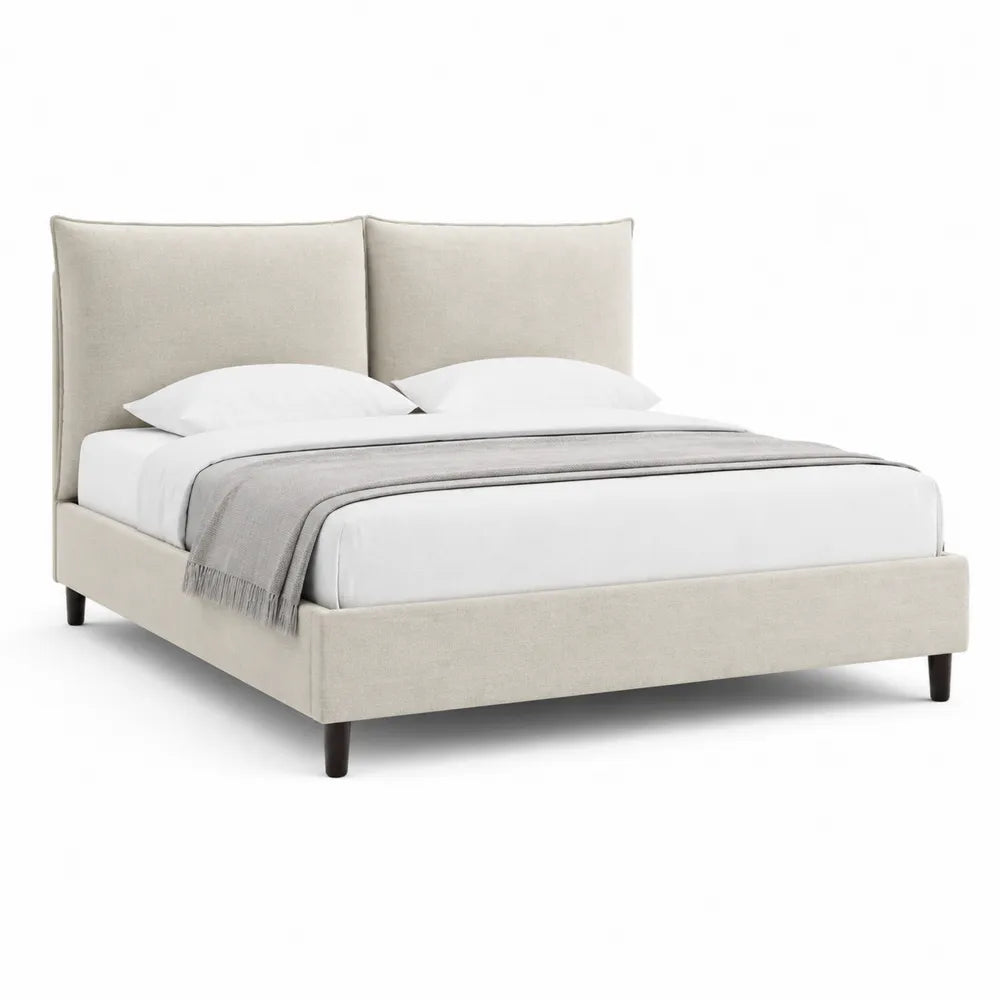 Lit cadre 160 x 200 cm tissu polyester beige tête de lit double panneaux verticaux pieds bois massif forme rectangulaire