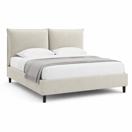 Lit cadre 160 x 200 cm tissu polyester beige tête de lit double panneaux verticaux pieds bois massif forme rectangulaire